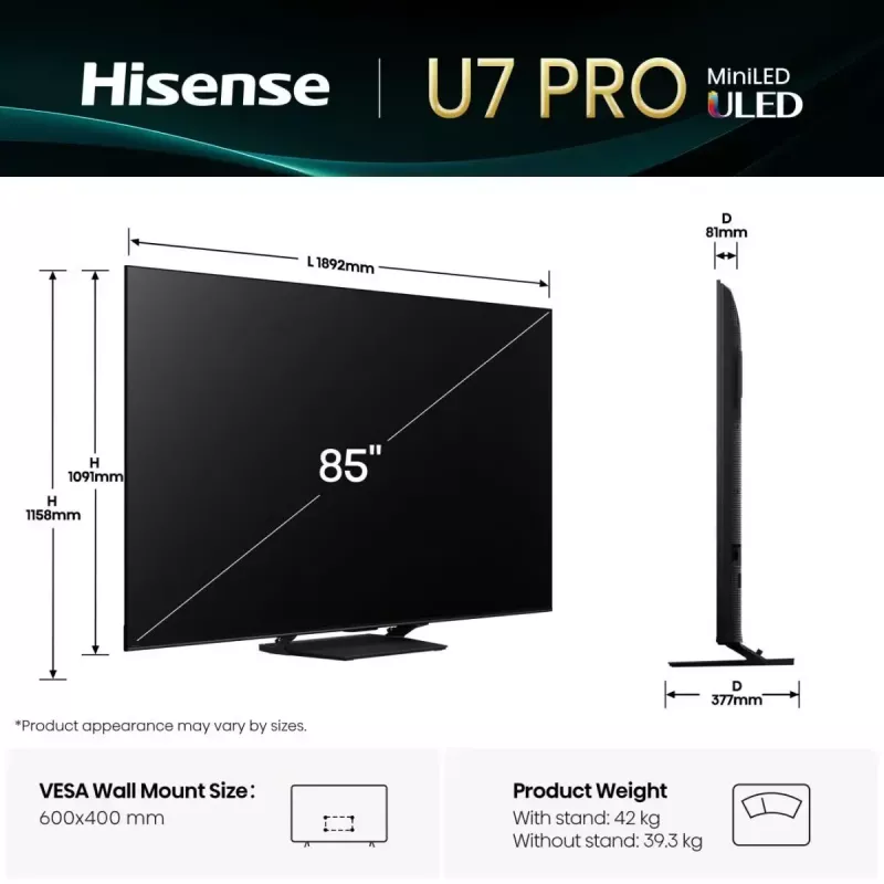 Hisense U7Q PRO 85U7Q PRO 2,16 m (85 collu) 4K Ultra HD viedtelevizors Wi-Fi Melns 500 cd/m²