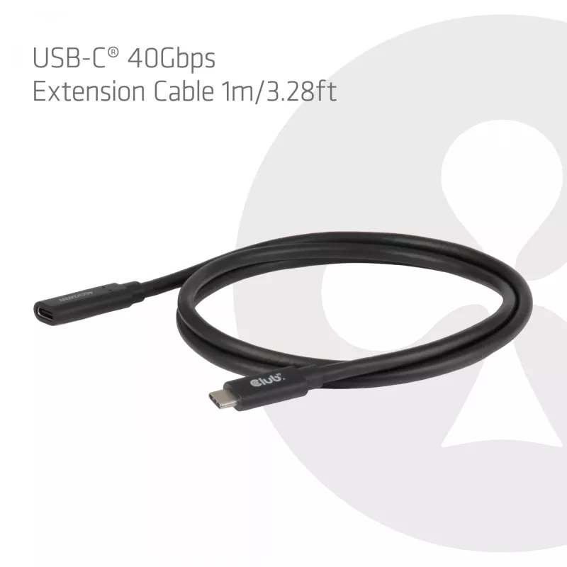 USB-C 40Gbps pagarinātāja kabelis 1 m — club 3d, USB C uz USB C, melns
