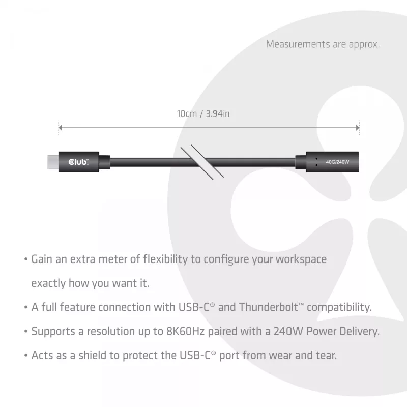 USB-C 40Gbps pagarinātāja kabelis 1 m — club 3d, USB C uz USB C, melns