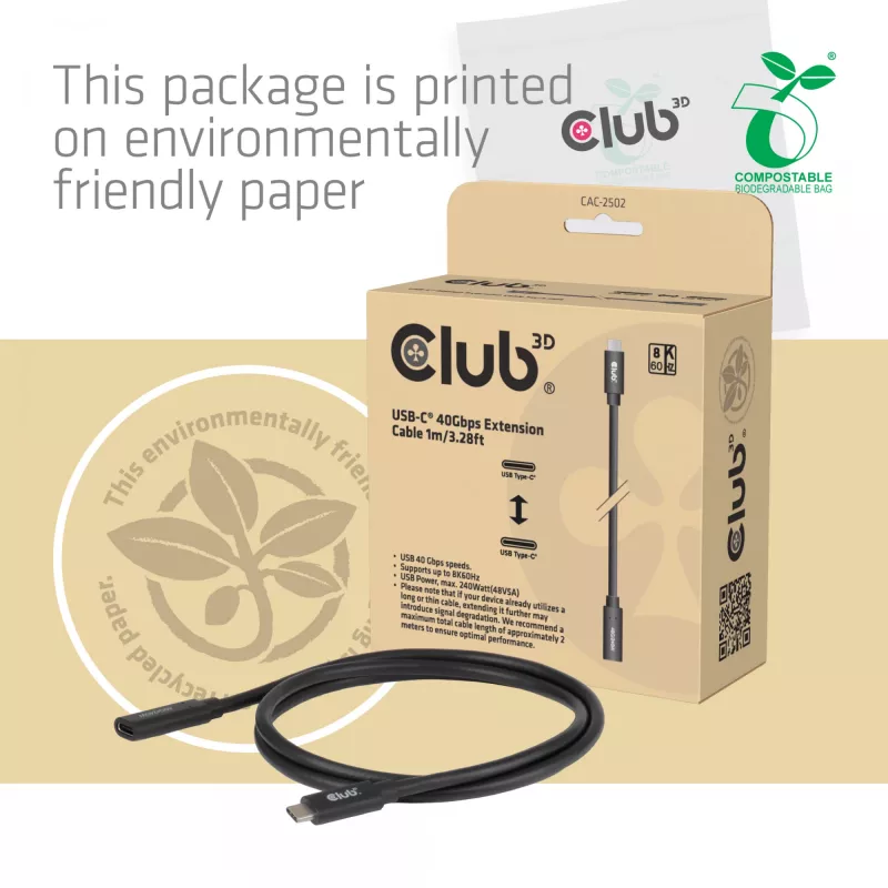 USB-C 40Gbps pagarinātāja kabelis 1 m — club 3d, USB C uz USB C, melns