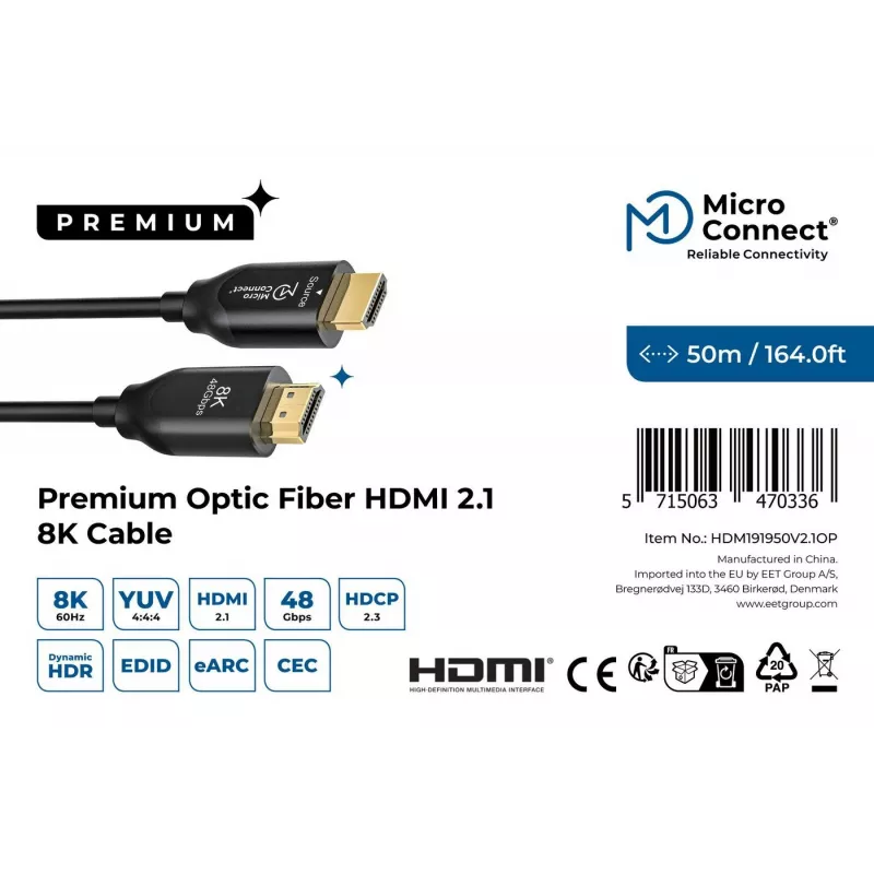 HDMI kabelis Microconnect HDM191950V2.1OP 2.1 4K 60Hz 8K 120Hz