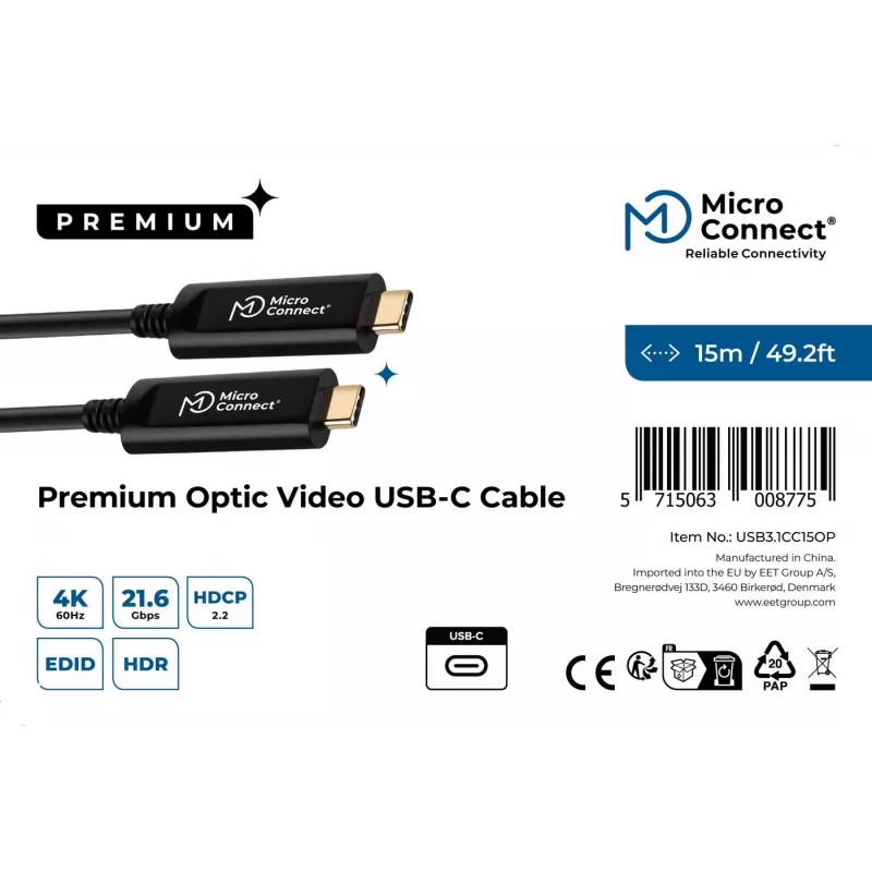 Microconnect USB3.1CC15OP USB kabelis USB 3.2 Gen 1 (3.1 Gen 1) 15 m USB C Melns