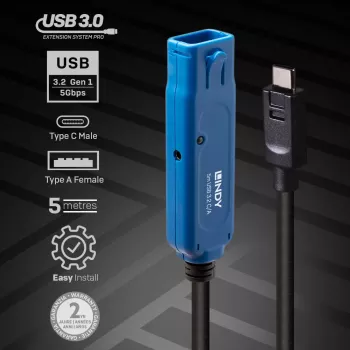 Lindy 5m USB 3.2 Gen 1 C/A Active Extension Pro, 5 m, USB C, USB A, USB 3.2 Gen 1 (3.1 Gen 1), Melns