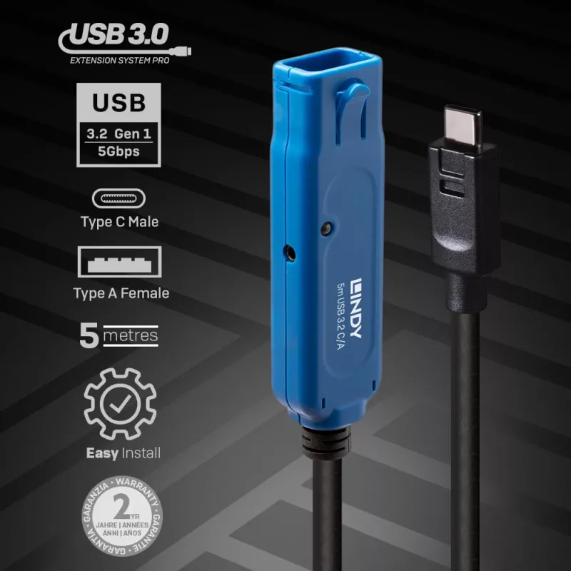Lindy 5m USB 3.2 Gen 1 C/A Active Extension Pro, 5 m, USB C, USB A, USB 3.2 Gen 1 (3.1 Gen 1), Melns