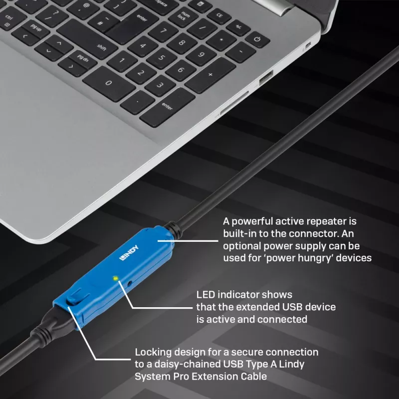 Lindy 5m USB 3.2 Gen 1 C/A Active Extension Pro, 5 m, USB C, USB A, USB 3.2 Gen 1 (3.1 Gen 1), Melns