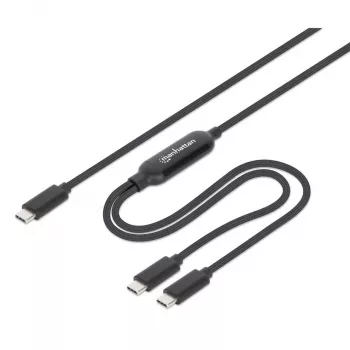 Manhattan divu USB-C uz USB-C uzlādes kabelis, 100 W, 2 m, vīriešu dzimuma uz diviem vīriešu dzimuma, viedais strāvas sadalītāja kabelis, uzlādē divas ierīces no viena USB-C PD porta, nodrošina līdz 100 W vienai uzlādei un līdz 70 W + 28 W divu ierīču uzlādei, pīts apvalks, alumīnija savienotāja korpuss, melns