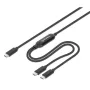 Manhattan divu USB-C uz USB-C uzlādes kabelis, 100 W, 2 m, vīriešu dzimuma uz diviem vīriešu dzimuma, viedais strāvas sadalītāja kabelis, uzlādē divas ierīces no viena USB-C PD porta, nodrošina līdz 100 W vienai uzlādei un līdz 70 W + 28 W divu ierīču uzlādei, pīts apvalks, alumīnija savienotāja korpuss, melns