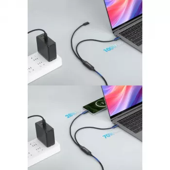 Manhattan divu USB-C uz USB-C uzlādes kabelis, 100 W, 2 m, vīriešu dzimuma uz diviem vīriešu dzimuma, viedais strāvas sadalītāja kabelis, uzlādē divas ierīces no viena USB-C PD porta, nodrošina līdz 100 W vienai uzlādei un līdz 70 W + 28 W divu ierīču uzlādei, pīts apvalks, alumīnija savienotāja korpuss, melns
