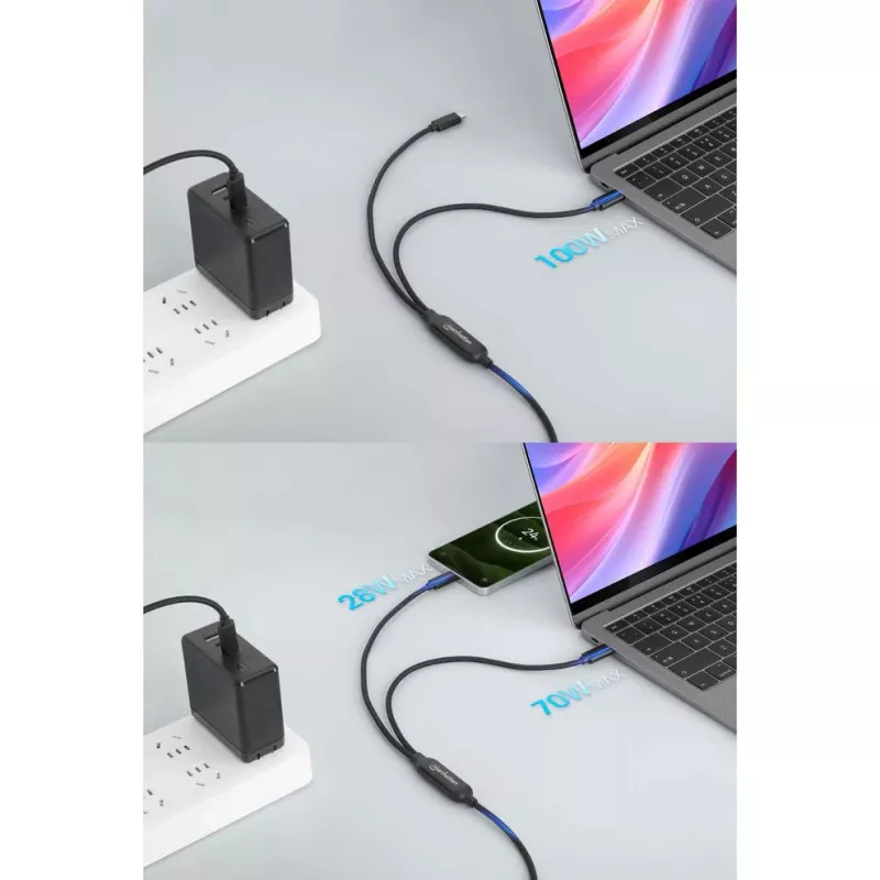 Manhattan divu USB-C uz USB-C uzlādes kabelis, 100 W, 2 m, vīriešu dzimuma uz diviem vīriešu dzimuma, viedais strāvas sadalītāja kabelis, uzlādē divas ierīces no viena USB-C PD porta, nodrošina līdz 100 W vienai uzlādei un līdz 70 W + 28 W divu ierīču uzlādei, pīts apvalks, alumīnija savienotāja korpuss, melns