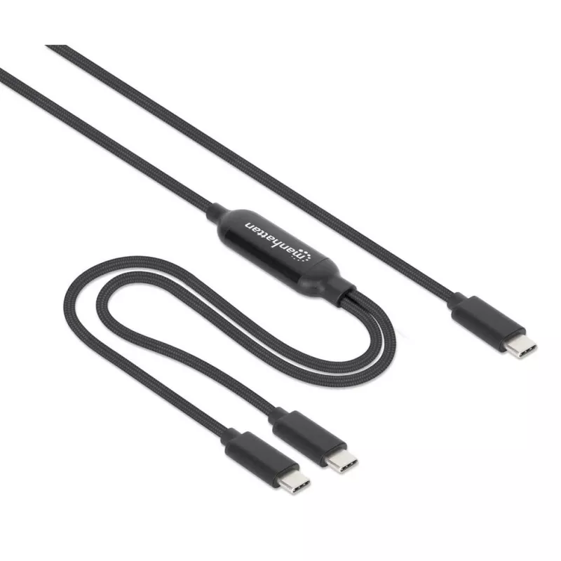 Manhattan divu USB-C uz USB-C uzlādes kabelis, 100 W, 2 m, vīriešu dzimuma uz diviem vīriešu dzimuma, viedais strāvas sadalītāja kabelis, uzlādē divas ierīces no viena USB-C PD porta, nodrošina līdz 100 W vienai uzlādei un līdz 70 W + 28 W divu ierīču uzlādei, pīts apvalks, alumīnija savienotāja korpuss, melns