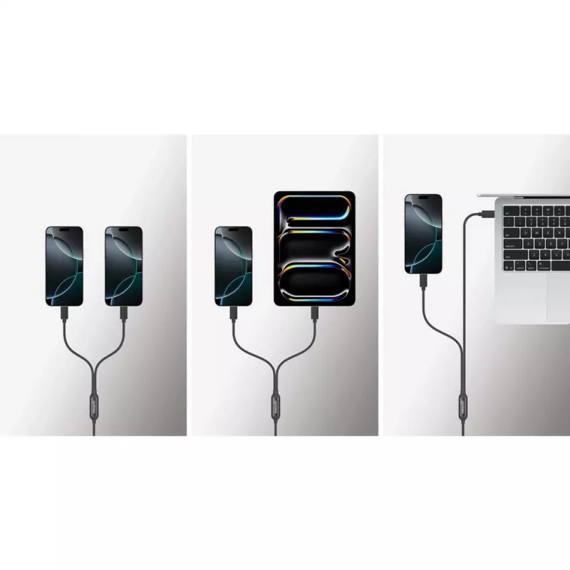 Manhattan divu USB-C uz USB-C uzlādes kabelis, 100 W, 2 m, vīriešu dzimuma uz diviem vīriešu dzimuma, viedais strāvas sadalītāja kabelis, uzlādē divas ierīces no viena USB-C PD porta, nodrošina līdz 100 W vienai uzlādei un līdz 70 W + 28 W divu ierīču uzlādei, pīts apvalks, alumīnija savienotāja korpuss, melns
