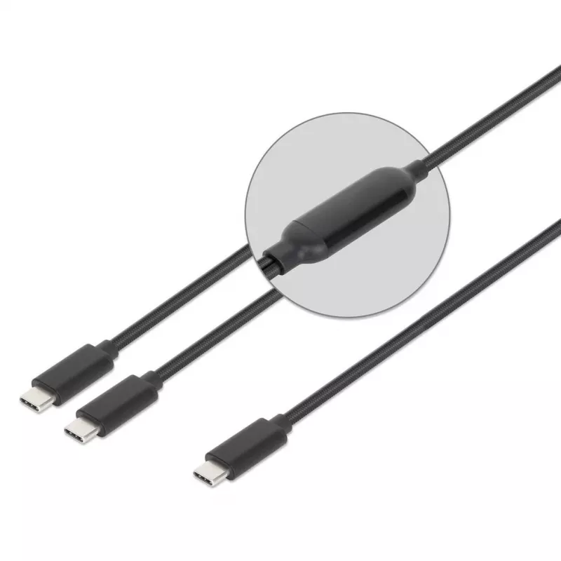 Manhattan divu USB-C uz USB-C uzlādes kabelis, 100 W, 2 m, vīriešu dzimuma uz diviem vīriešu dzimuma, viedais strāvas sadalītāja kabelis, uzlādē divas ierīces no viena USB-C PD porta, nodrošina līdz 100 W vienai uzlādei un līdz 70 W + 28 W divu ierīču uzlādei, pīts apvalks, alumīnija savienotāja korpuss, melns