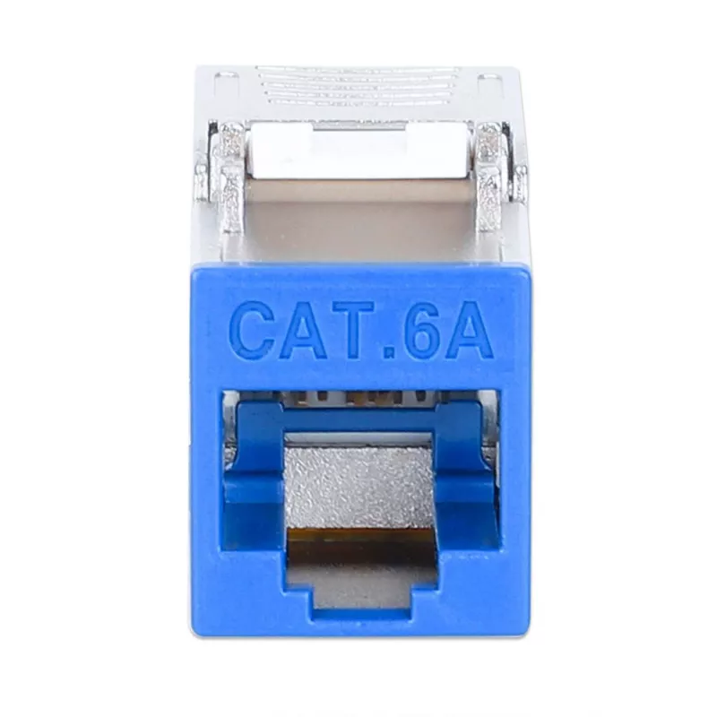 Intellinet Cat6a 10G ekranēta bezinstrumentu plānā Keystone ligzda, plakana, zila, RJ-45, IDC, sievišķā, zelts