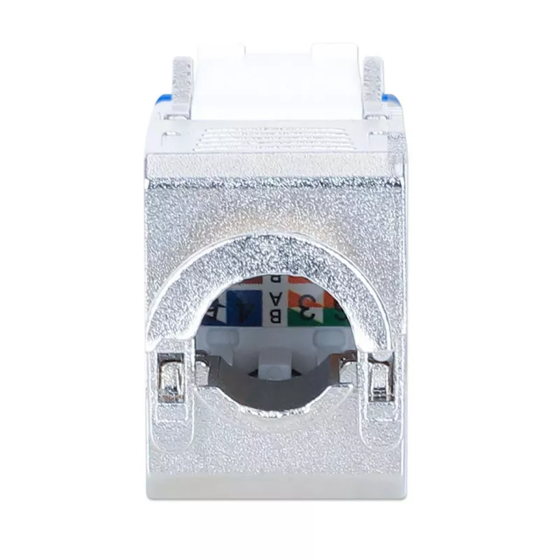 Intellinet Cat6a 10G ekranēta bezinstrumentu plānā Keystone ligzda, plakana, zila, RJ-45, IDC, sievišķā, zelts