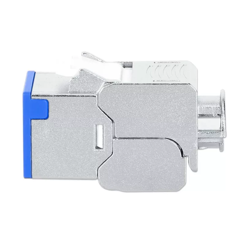 Intellinet Cat6a 10G ekranēta bezinstrumentu plānā Keystone ligzda, plakana, zila, RJ-45, IDC, sievišķā, zelts