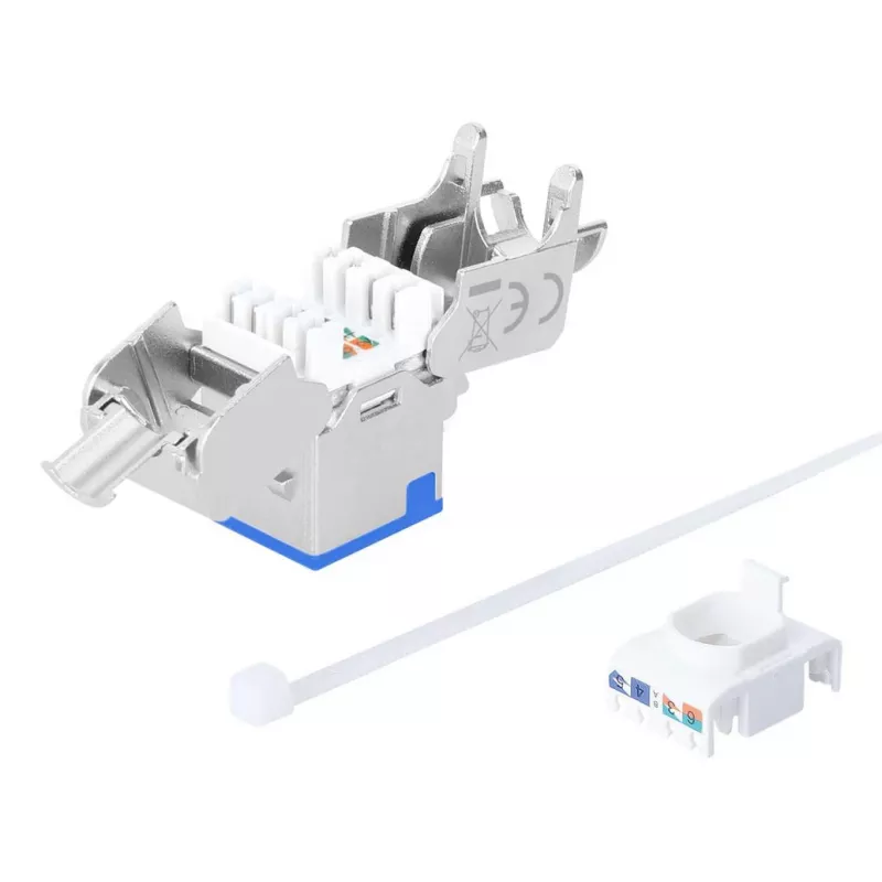 Intellinet Cat6a 10G ekranēta bezinstrumentu plānā Keystone ligzda, plakana, zila, RJ-45, IDC, sievišķā, zelts