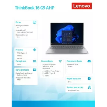 Lenovo ThinkBook 16 G9 21UT0077PB klēpjdators, Windows 11 Pro, Intel (nav norādīts), 16,0 collu WQXGA, 16 GB RAM, 512 GB SSD, Arctic Grey