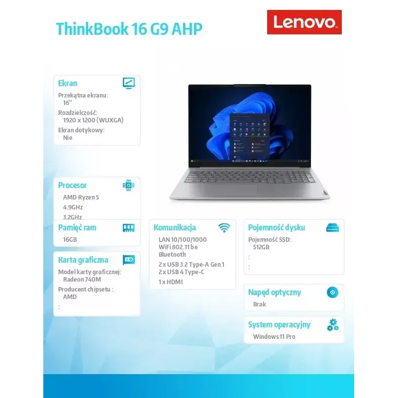 Lenovo ThinkBook 16 G9 21UT0077PB klēpjdators, Windows 11 Pro, Intel (nav norādīts), 16,0 collu WQXGA, 16 GB RAM, 512 GB SSD, Arctic pelēka