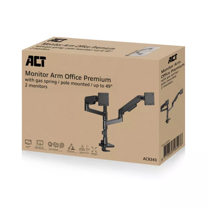 ACT monitora kronšteins 49 collu biroja premium, gāzes atspere, uz staba stiprināms, 2 monitori