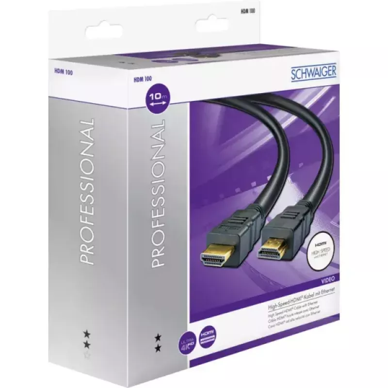 HDMI kabelis SCHWAIGER HDM100 013 — 10 m, HDMI Type A tēviņš–tēviņš, apzeltīti kontakti, melns
