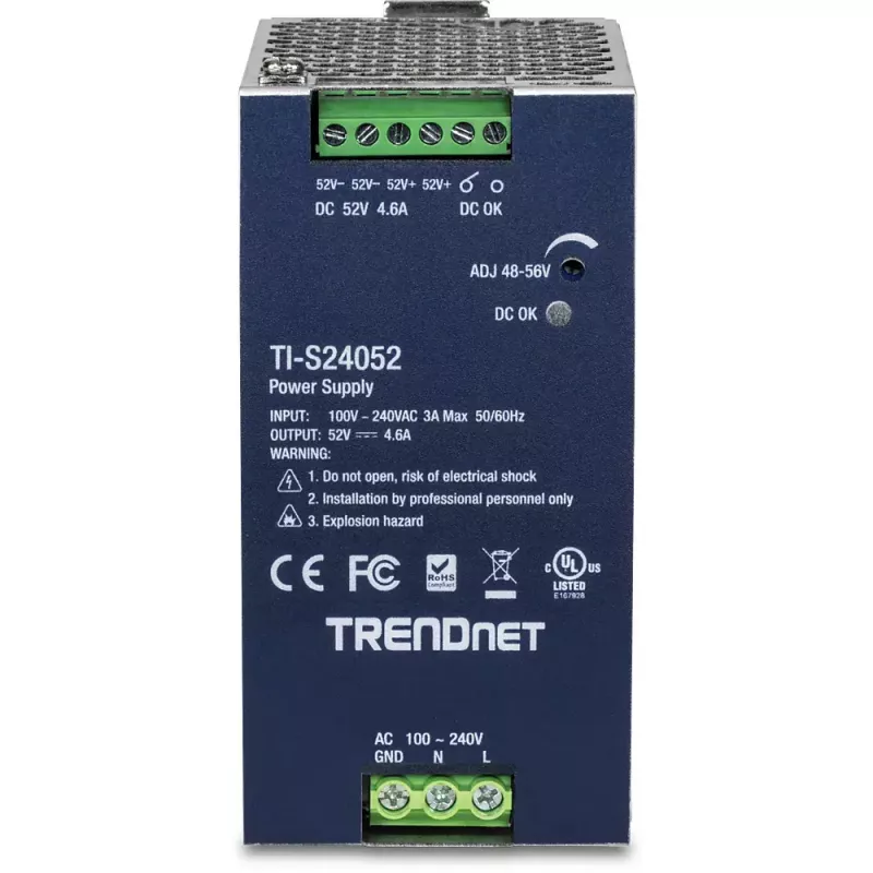 Barošanas bloks TRENDNET TI-S24052 tīkla komutatoram, 240 W, maiņstrāva 90–264 V, aizsardzība: OCP/OPP/OVP/OTP/īssavienojums, melns