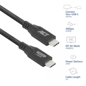 ACT USB4 20Gbps 240W USB Type-C kabelis, 2 metri, 2 m, USB C, USB C, USB4 Gen 2x2, 20 Gbit/s, melns
