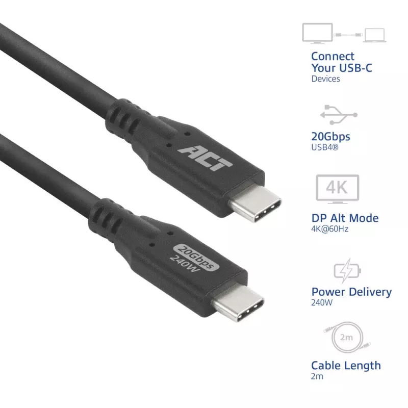 ACT USB4 20Gbps 240W USB Type-C kabelis, 2 metri, 2 m, USB C, USB C, USB4 Gen 2x2, 20 Gbit/s, melns