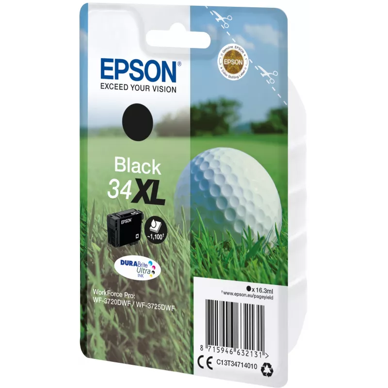 Epson Golf ball vienas pakas melns 34XL DURABrite Ultra tintes kārtridžs, lielas (XL) ietilpības, melns, pigmenta bāzes tinte, 16,3 ml, 1 gab., 1100 lappuses