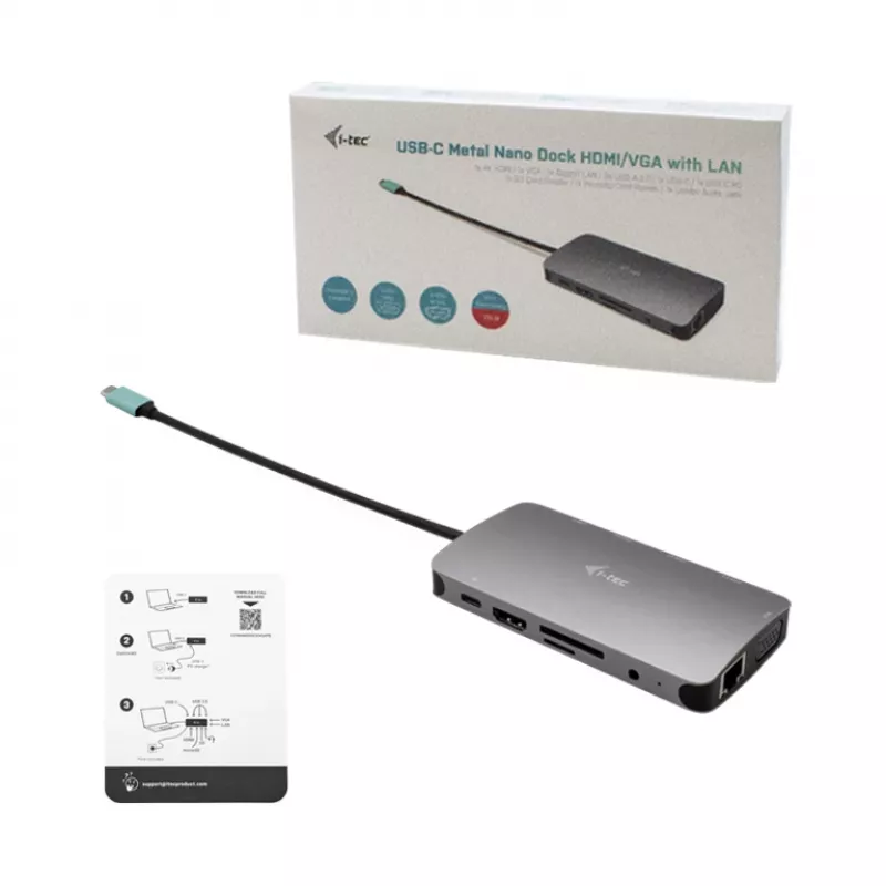 i-tec Metal USB-C Nano Dock HDMI/VGA ar LAN + Universal Charger 77 W