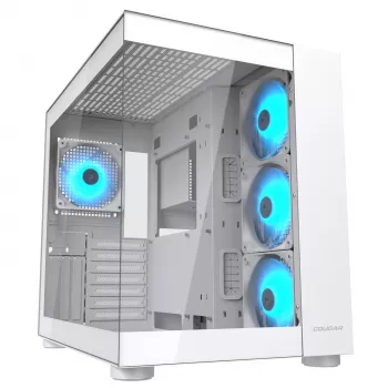 PC Midi Tower korpuss Cougar FV150 ARGB balts — ATX/Micro-ATX/Mini-ITX, 3x120mm priekšā, 1x120mm aizmugurē, 2x3.5 collu + 2x2.5 collu nodalījumi, USB 3.2 Gen1