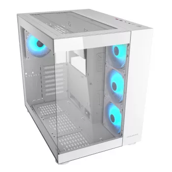 PC Midi Tower korpuss Cougar FV150 ARGB balts — ATX/Micro-ATX/Mini-ITX, 3x120mm priekšā, 1x120mm aizmugurē, 2x3.5 collu + 2x2.5 collu nodalījumi, USB 3.2 Gen1