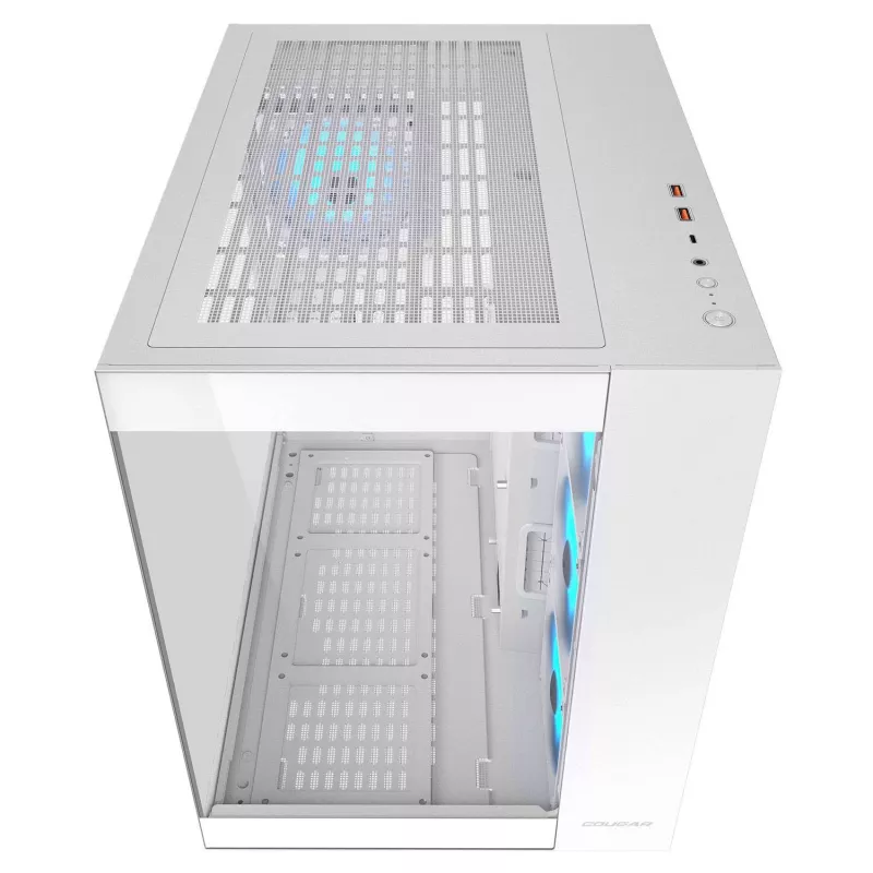 PC Midi Tower korpuss Cougar FV150 ARGB balts — ATX/Micro-ATX/Mini-ITX, 3x120mm priekšā, 1x120mm aizmugurē, 2x3.5 collu + 2x2.5 collu nodalījumi, USB 3.2 Gen1