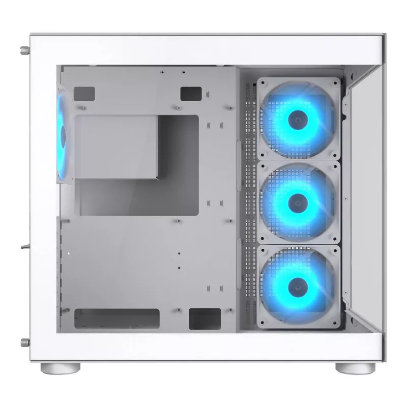 PC Midi Tower korpuss Cougar FV150 ARGB balts — ATX/Micro-ATX/Mini-ITX, 3x120mm priekšā, 1x120mm aizmugurē, 2x3.5 collu + 2x2.5 collu nodalījumi, USB 3.2 Gen1
