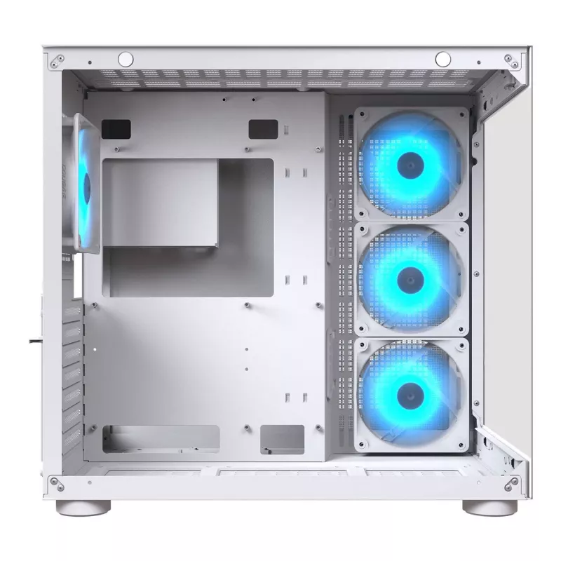 PC Midi Tower korpuss Cougar FV150 ARGB balts — ATX/Micro-ATX/Mini-ITX, 3x120mm priekšā, 1x120mm aizmugurē, 2x3.5 collu + 2x2.5 collu nodalījumi, USB 3.2 Gen1