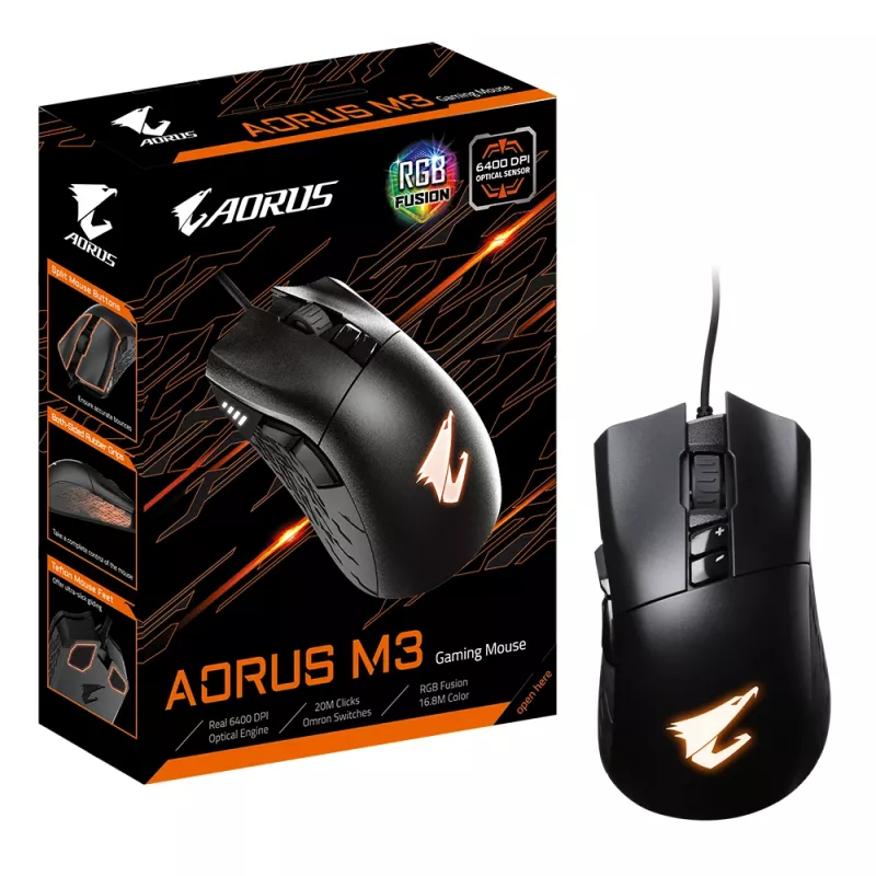 GIGABYTE AORUS M3 pele Spēlēm Labās rokas USB Type-A Optiskais 6400 DPI