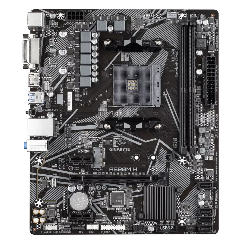 GIGABYTE A520M H mātesplate - atbalsta AMD Ryzen 5000 sērijas AM4 procesorus, 4+3 fāžu tīri digitālais VRM, līdz 5100 MHz DDR4 (OC), PCIe 3.0 x4 M.2, GbE LAN, USB 3.2 Gen 1