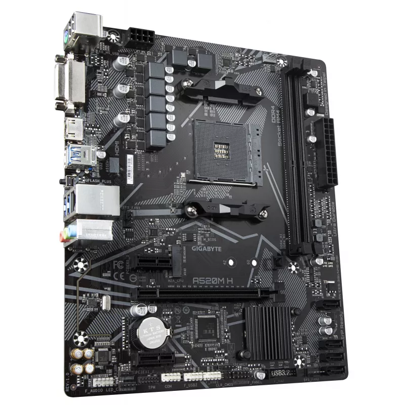 GIGABYTE A520M H mātesplate - atbalsta AMD Ryzen 5000 sērijas AM4 procesorus, 4+3 fāžu tīri digitālais VRM, līdz 5100 MHz DDR4 (OC), PCIe 3.0 x4 M.2, GbE LAN, USB 3.2 Gen 1