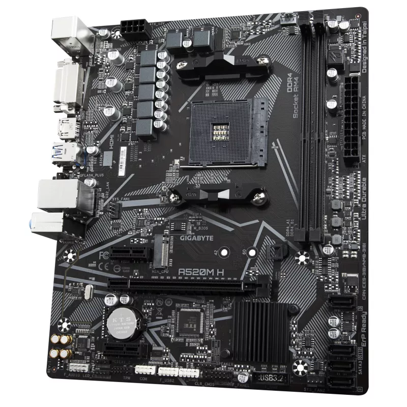 GIGABYTE A520M H mātesplate - atbalsta AMD Ryzen 5000 sērijas AM4 procesorus, 4+3 fāžu tīri digitālais VRM, līdz 5100 MHz DDR4 (OC), PCIe 3.0 x4 M.2, GbE LAN, USB 3.2 Gen 1