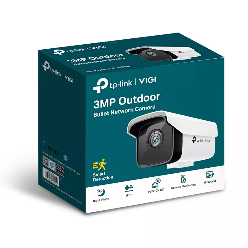 IP drošības kamera TP-Link VIGI 3MP Outdoor Bullet tīkls Camera, 3 MP, 30 kadri/s, 30 m nakts redzamība, vadu, balta