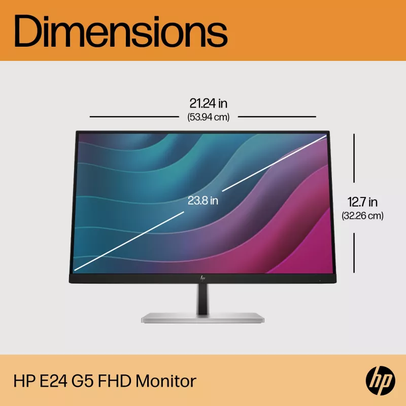 HP E24 G5 FHD PVC Free monitors, 60,5 cm (23,8 collas), 1920 x 1080 pikseļi, Full HD, LCD, 5 ms, Melns, Sudrabs
