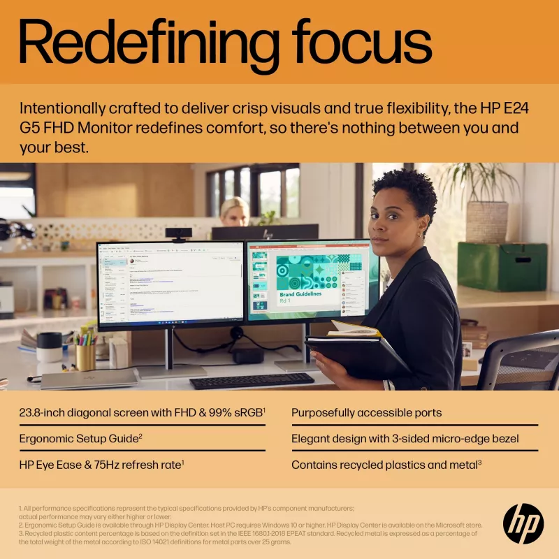 HP E24 G5 FHD PVC Free monitors, 60,5 cm (23,8 collas), 1920 x 1080 pikseļi, Full HD, LCD, 5 ms, Melns, Sudrabs