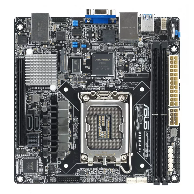 Mātesplate ASUS P13R-I Mini ITX, Intel C262 mikroshēmojums, LGA 1700, DDR5, 2x DIMM, 64 GB, 6x SATA III, 3x RJ-45