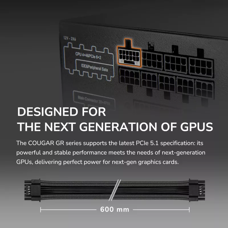 COUGAR Barošanas bloks GR 750W ATX3.1/PCIE 5.1 / 80 Plus Gold, 750 W, 100 - 240 V, 50/60 Hz, 10 A, 100 W, 750 W