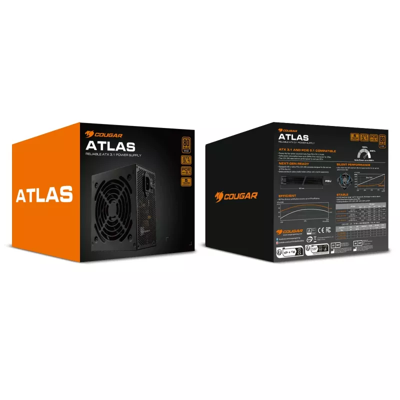 Barošanas bloks Cougar ATLAS 650W ATX3.1 80 PLUS Bronze, 24-pin ATX, 120 mm ventilators, melns