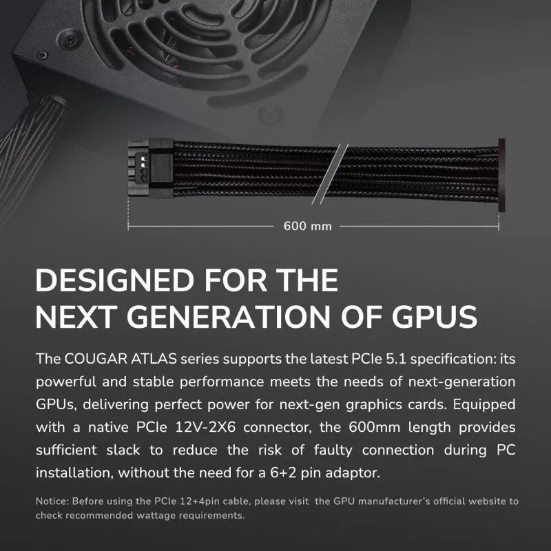 Barošanas bloks Cougar ATLAS 650W ATX3.1 80 PLUS Bronze, 24-pin ATX, 120 mm ventilators, melns