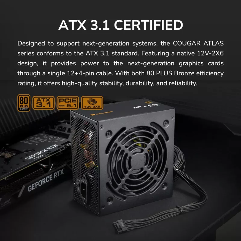 Barošanas bloks Cougar ATLAS 750W ATX3.1 80 Plus Bronze, 750 W, 24-pin ATX, 120 mm ventilators