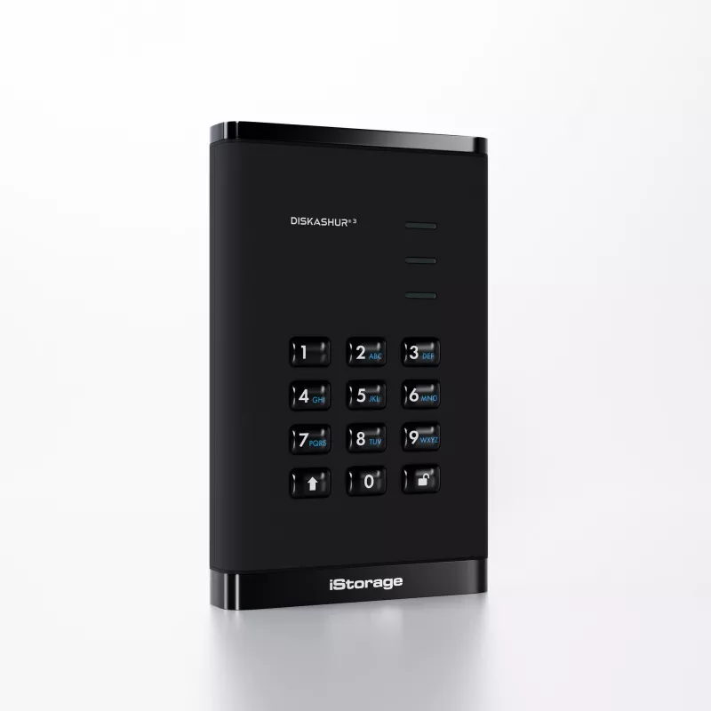iStorage diskAshur³ 5 TB Melns | Drošs pārnēsājams cietais disks | Atbilst FIPS 140-3 3. līmenim | Common Criteria EAL 5+ | PIN aizsardzība | AES-XTS 256 bitu aparatūras šifrēšana | Atbilst GDPR, TAA | Putekļu/ūdens izturīgs |