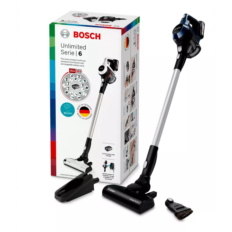 Bosch Serie 6 BBS611PCK putekļsūcējs ar kātu/elektriskā slota 2-in-1 putekļsūcējs ar kātu Baterija Sausā tīrīšana Higiēnas filtrs Bez maisiņa Zils 2,5 Ah