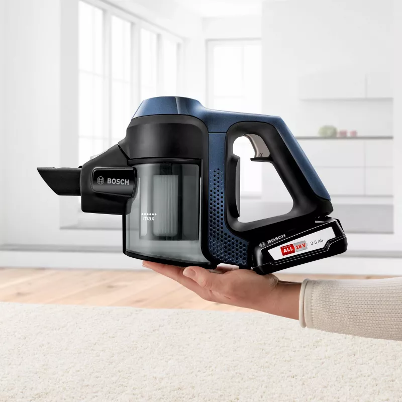 Bosch Serie 6 BBS611PCK putekļsūcējs ar kātu/elektriskā slota 2-in-1 putekļsūcējs ar kātu Baterija Sausā tīrīšana Higiēnas filtrs Bez maisiņa Zils 2,5 Ah