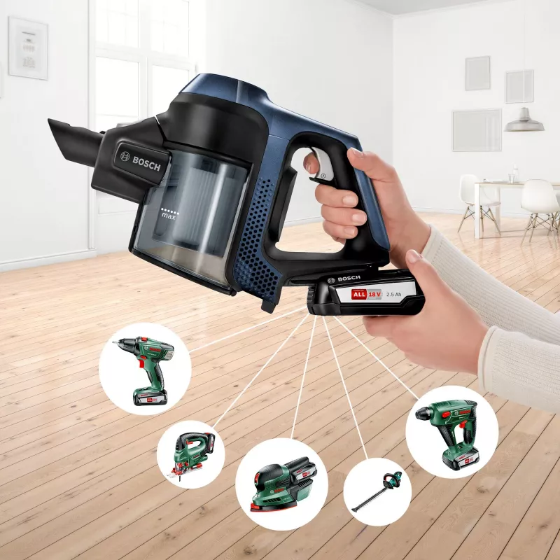 Bosch Serie 6 BBS611PCK putekļsūcējs ar kātu/elektriskā slota 2-in-1 putekļsūcējs ar kātu Baterija Sausā tīrīšana Higiēnas filtrs Bez maisiņa Zils 2,5 Ah
